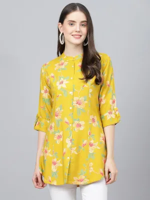 Divena Yellow Floral printed Rayon A-line Shirts Style Top