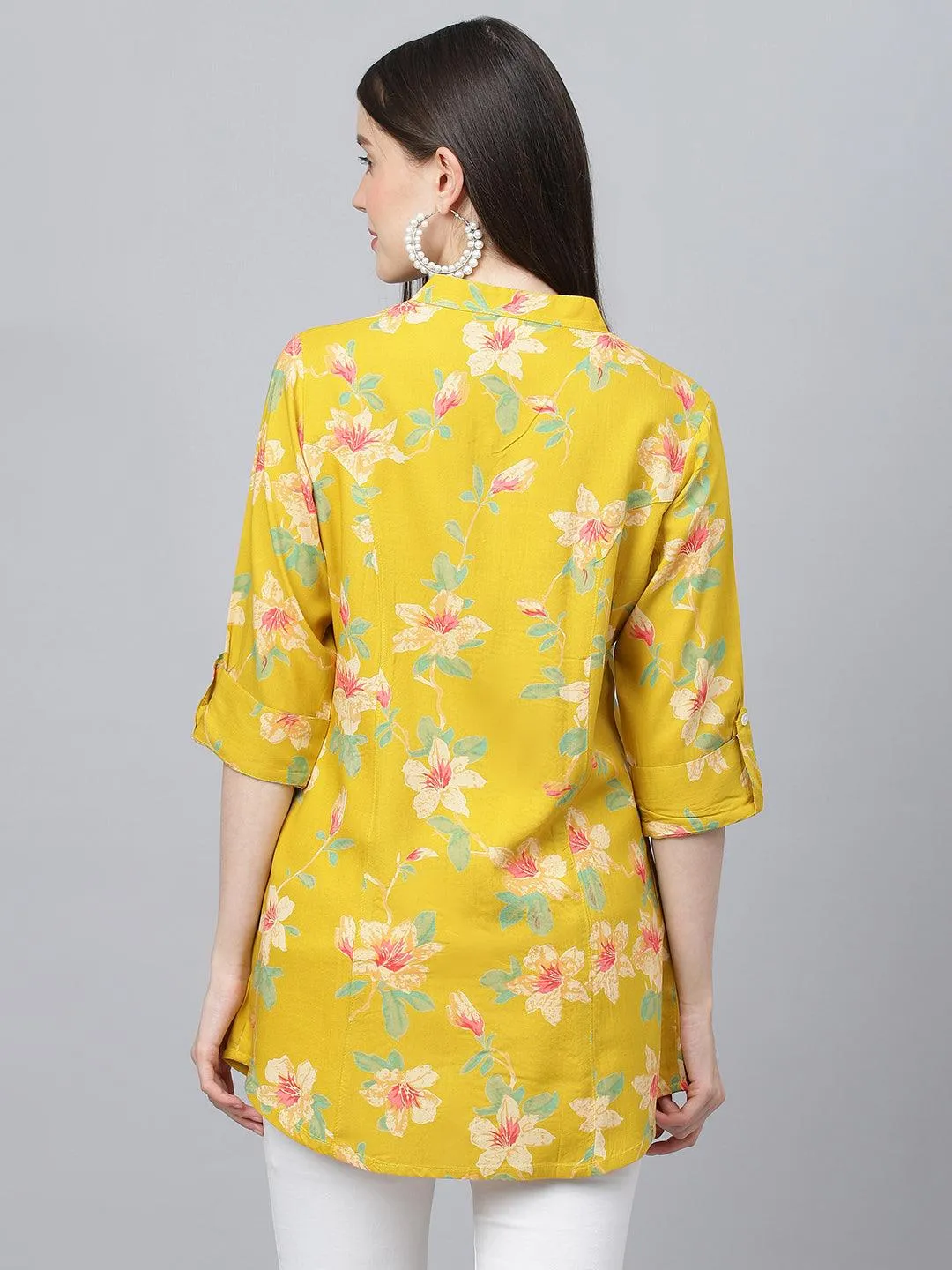 Divena Yellow Floral printed Rayon A-line Shirts Style Top