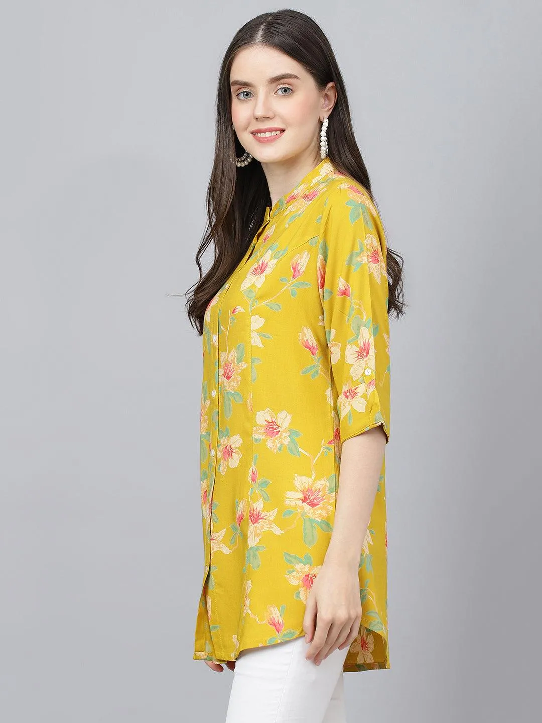 Divena Yellow Floral printed Rayon A-line Shirts Style Top