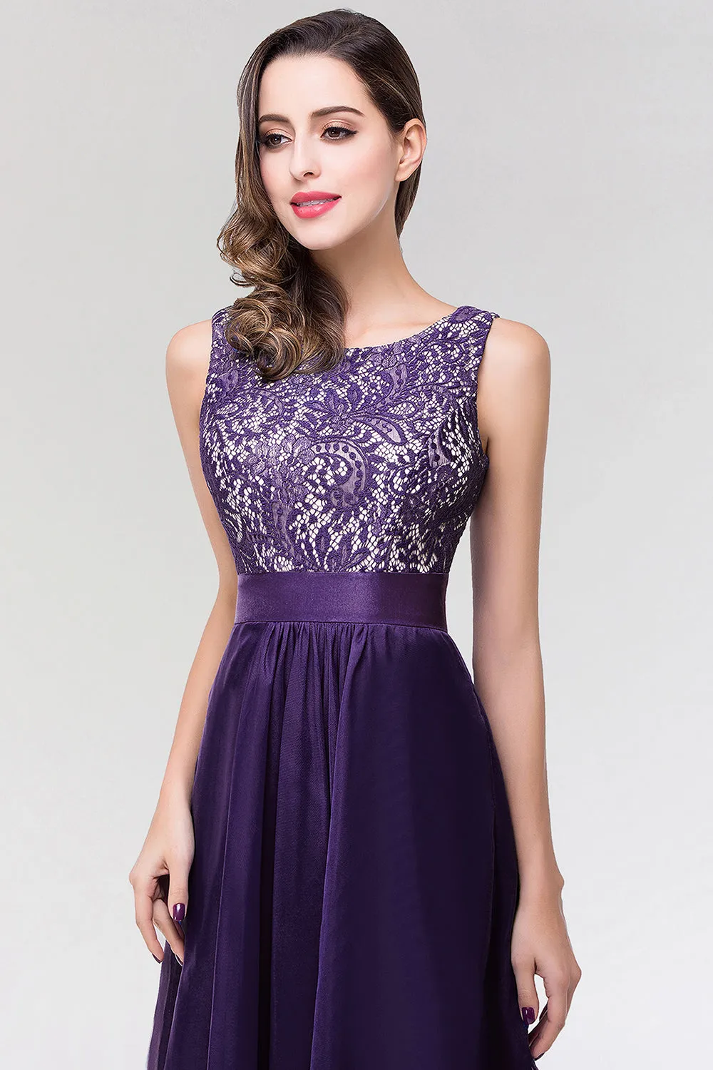 Elegant Scoop Neck Off The Shoulder Chiffon Long Formal Dress with Appliques Lace