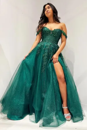 Elliana | Glitter Emerald Appliques Off-the-Shoulder A-Line Long Prom Dress