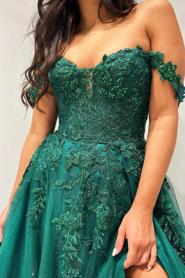 Elliana | Glitter Emerald Appliques Off-the-Shoulder A-Line Long Prom Dress