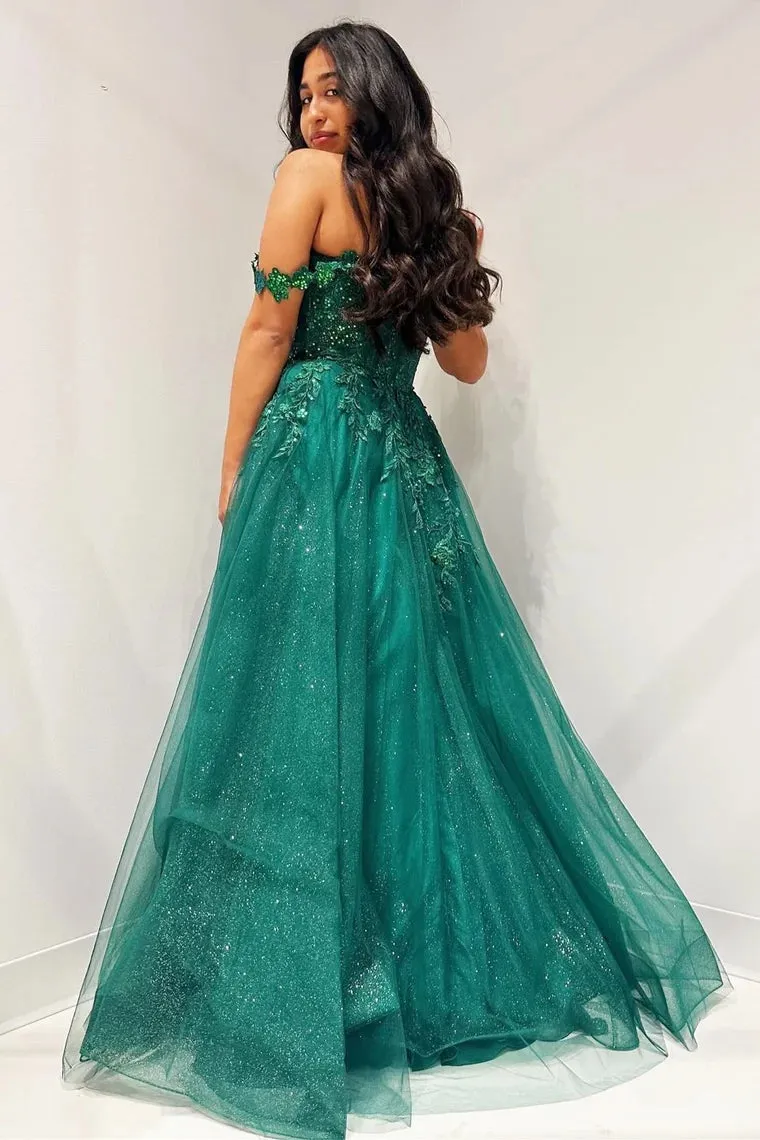 Elliana | Glitter Emerald Appliques Off-the-Shoulder A-Line Long Prom Dress