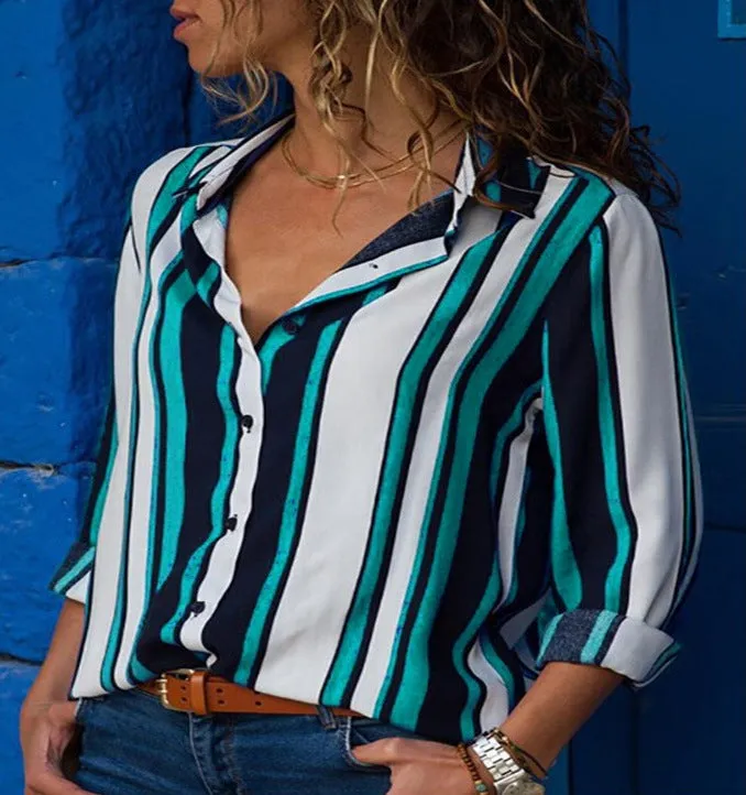 Fashion casual contrast color striped long sleeve shirt