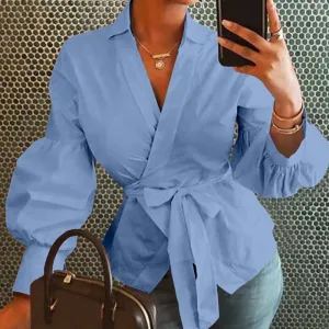 Fashion Women Tops and Blouse Vintage Lantern Sleeve Shirts Tunic Casual Belted Solid V-Neck Elegant Blusas Feminina