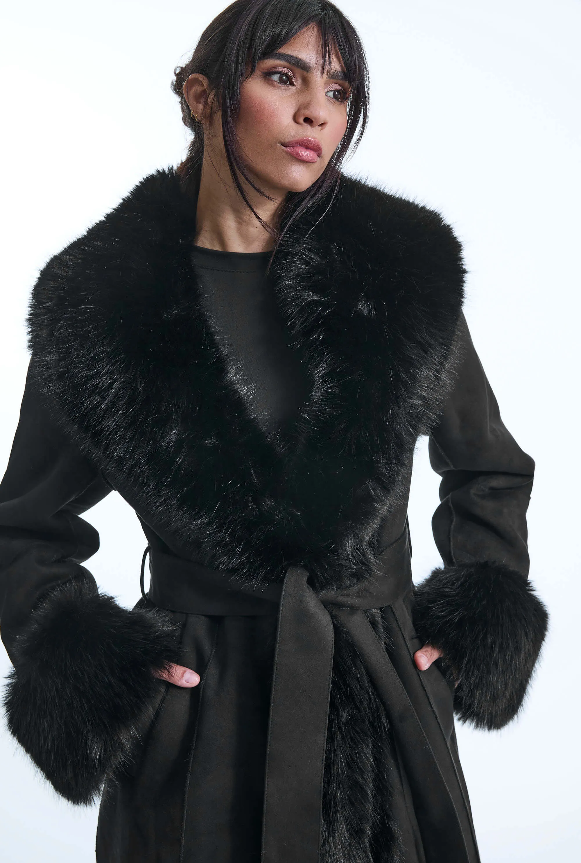 Faux Fur Cuff Belted Coat