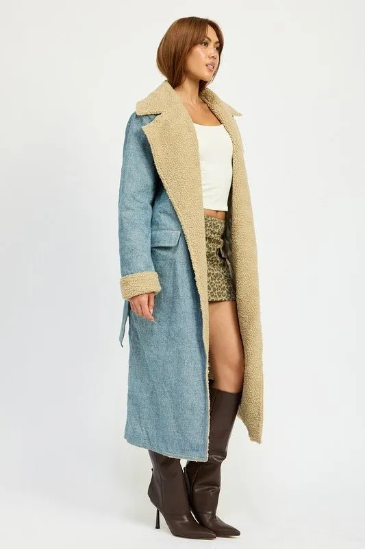 Faux Shearling Denim Coat