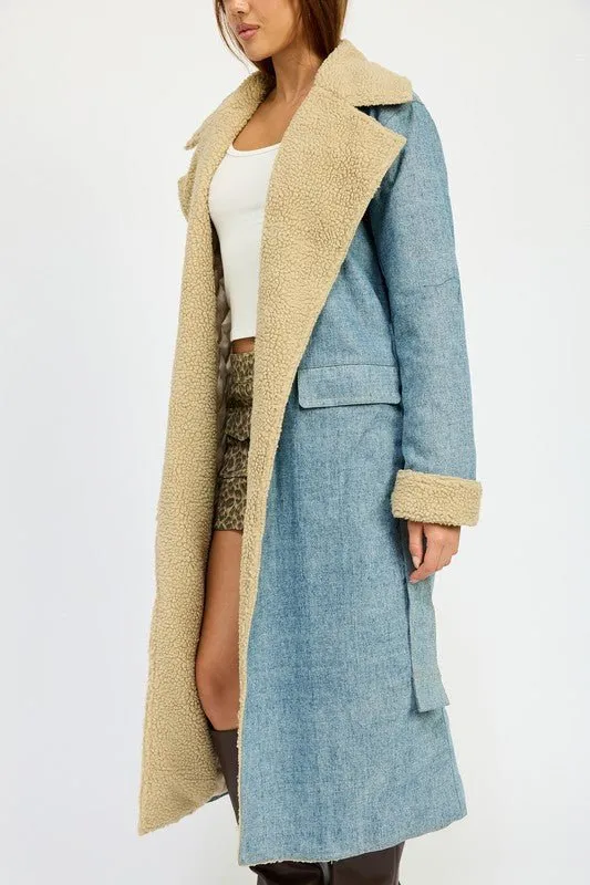 Faux Shearling Denim Coat