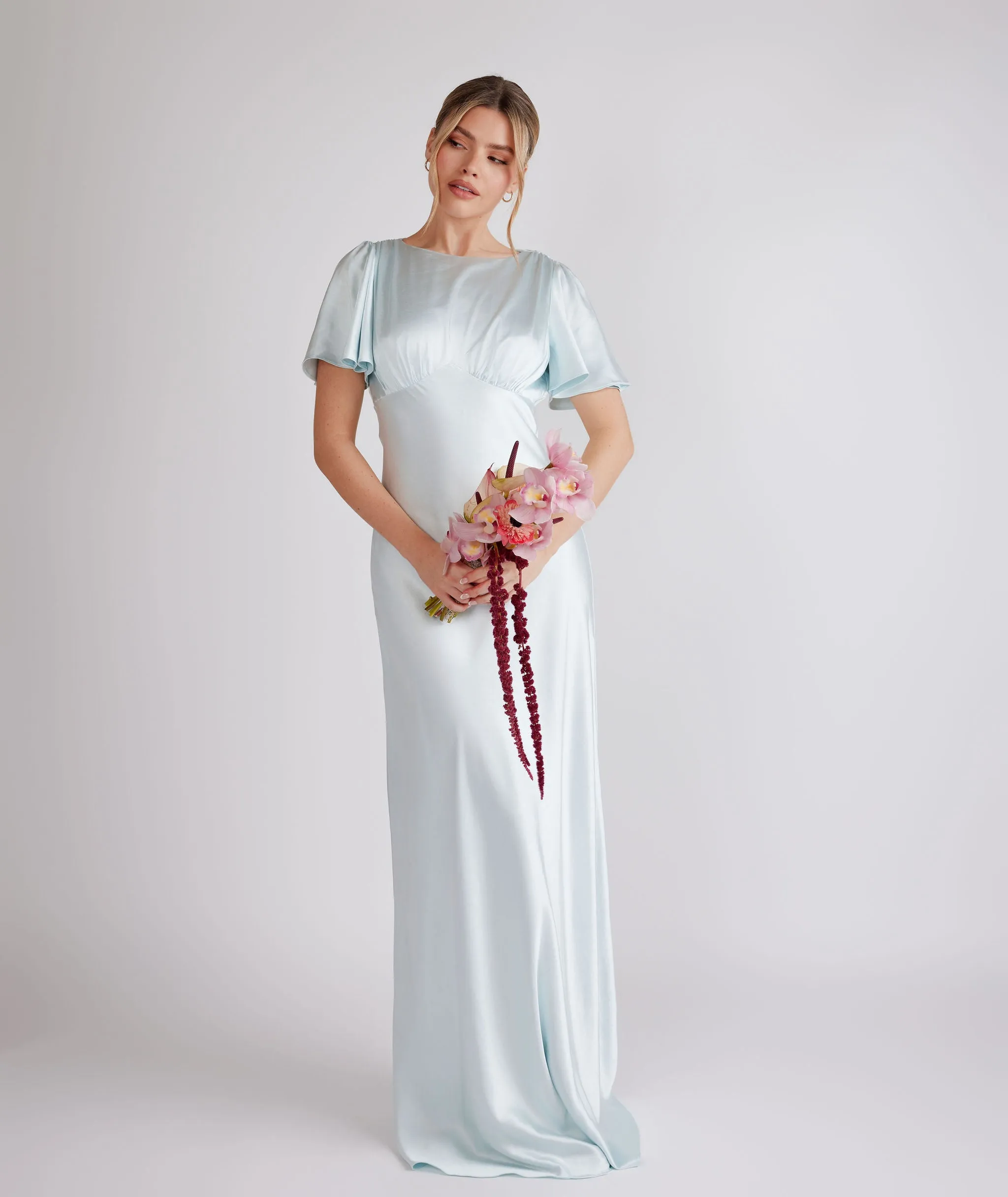 Gathered Bust Flutter Sleeve Satin Bridesmaid Dress - Ice Blue