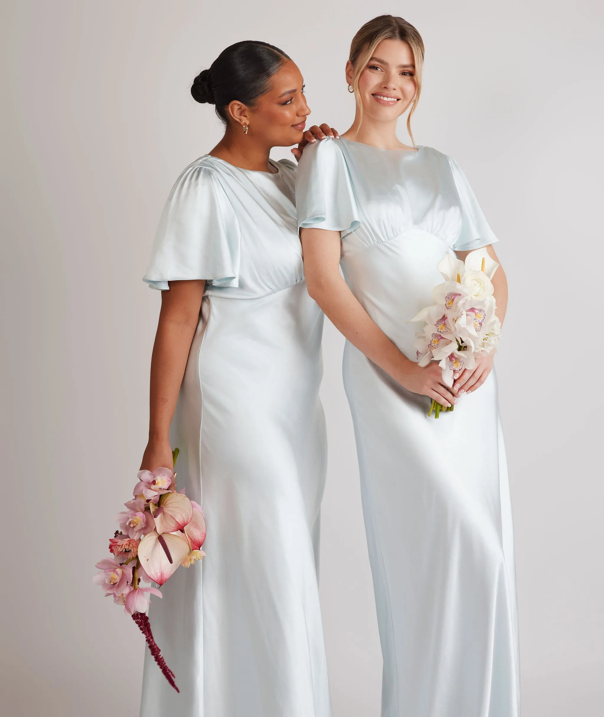 Gathered Bust Flutter Sleeve Satin Bridesmaid Dress - Ice Blue