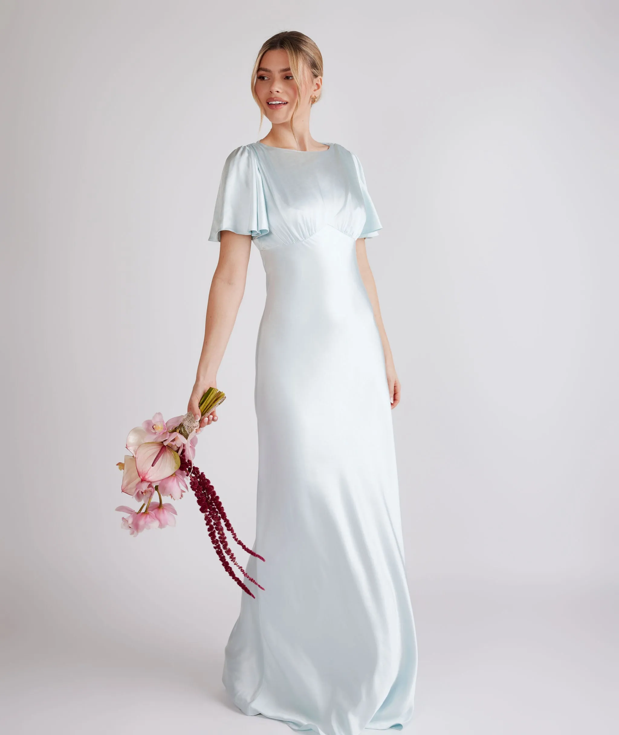 Gathered Bust Flutter Sleeve Satin Bridesmaid Dress - Ice Blue