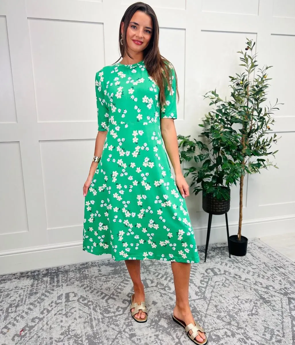 Green & Peach Printed Stretch Fit & Flare Midi Dress