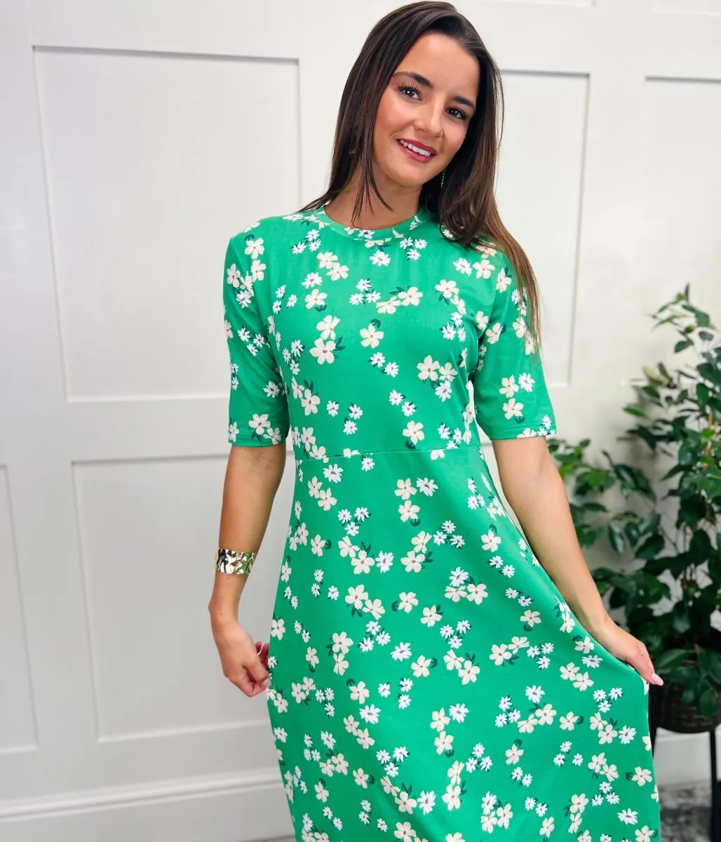 Green & Peach Printed Stretch Fit & Flare Midi Dress