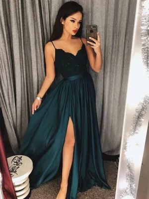 Green Long A-line V-neck Open Back Chiffon Prom Dress with slit