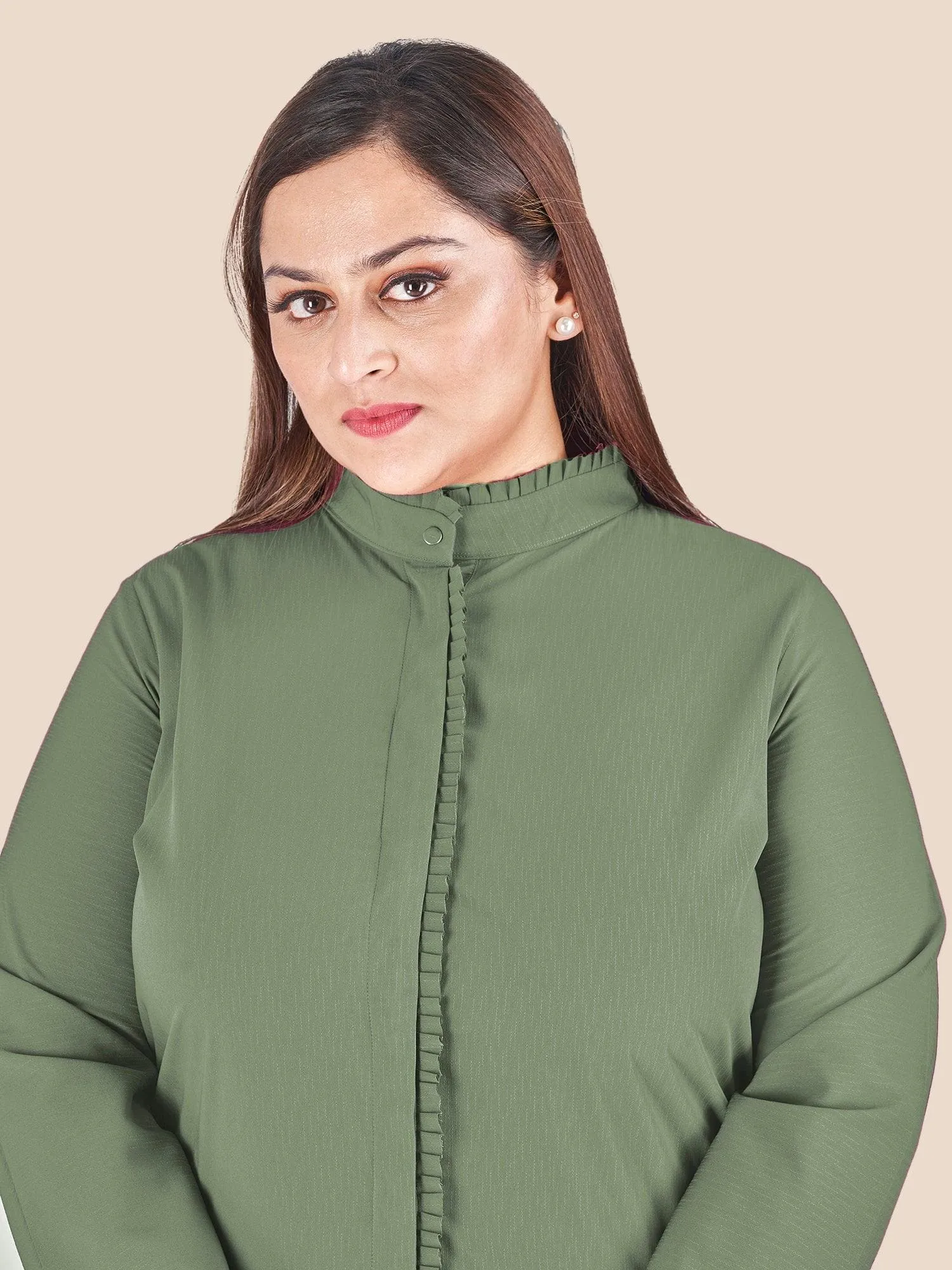 Green Mandarin Collar Shirt Style Top