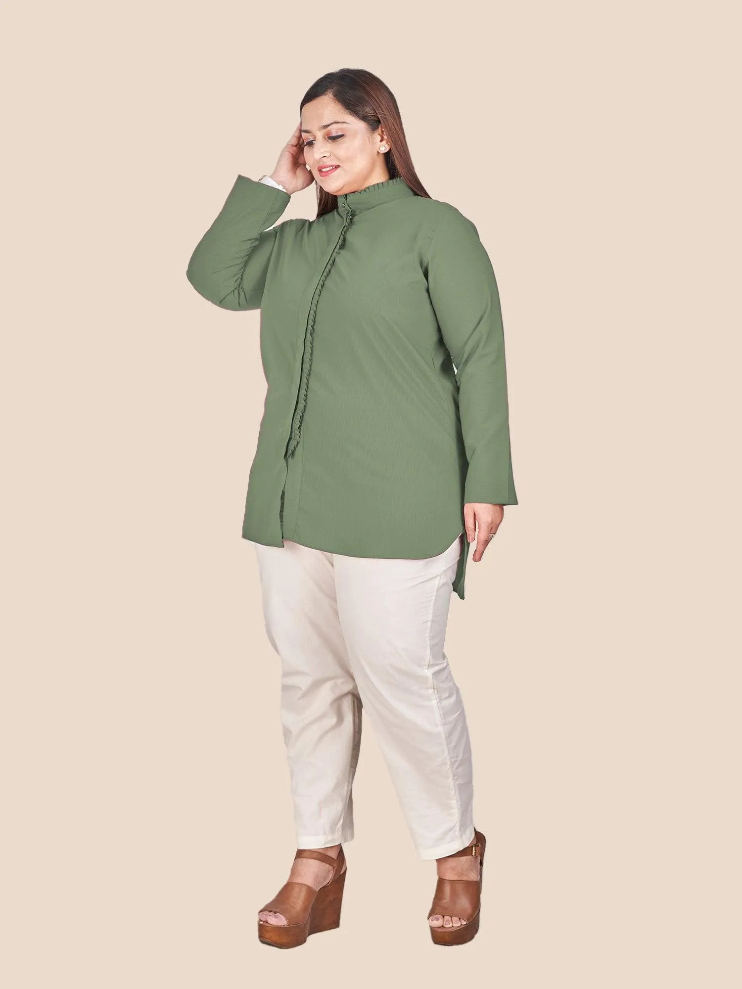 Green Mandarin Collar Shirt Style Top