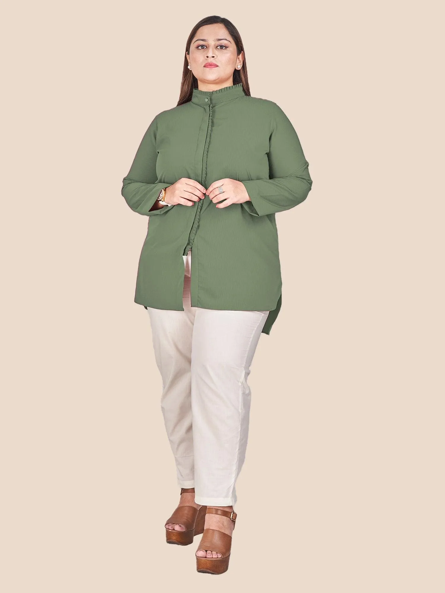 Green Mandarin Collar Shirt Style Top