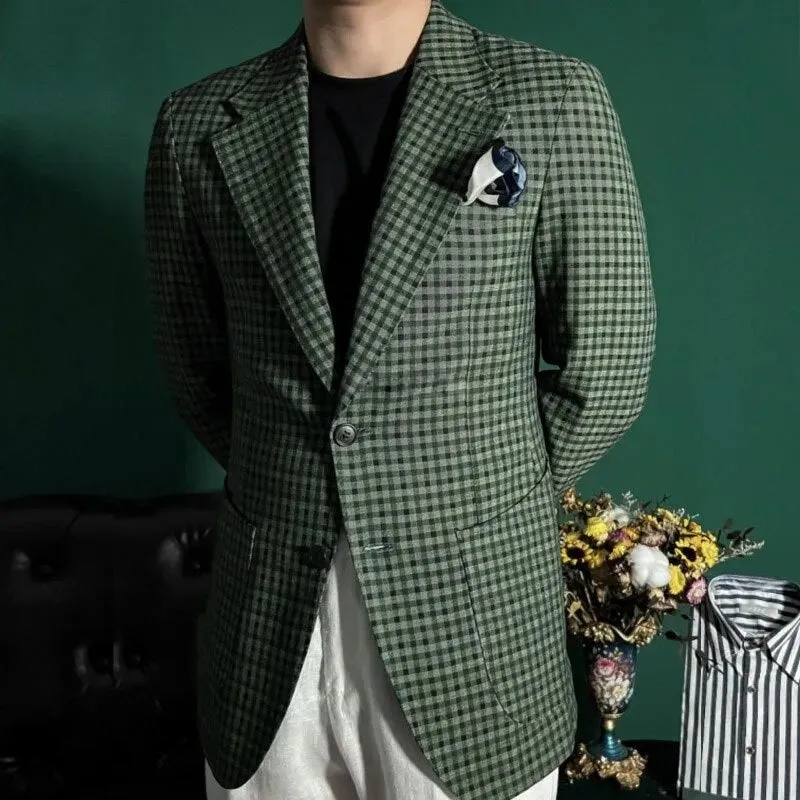 Green Plaid Pattern Single Breasted Blazer