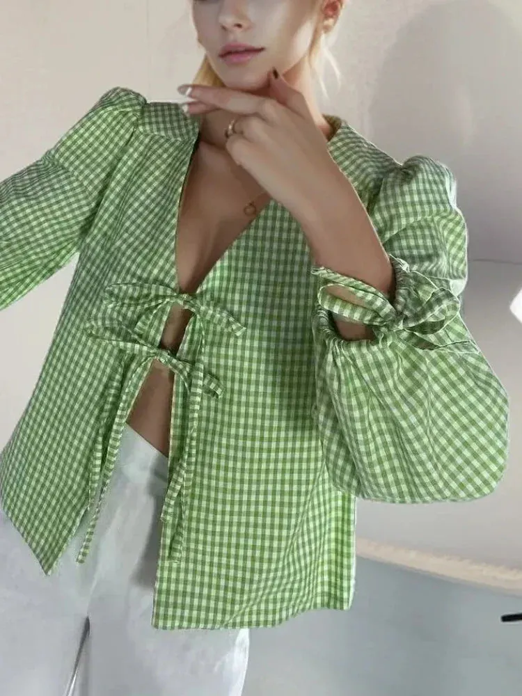 Green Vintage V Neck Summer Fashion Casual Plaid Lace-Up Female Shirt Blouse