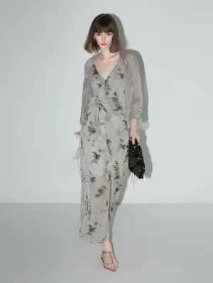 Grey Bamboo Foliage Asymmetrical Wrap Dress