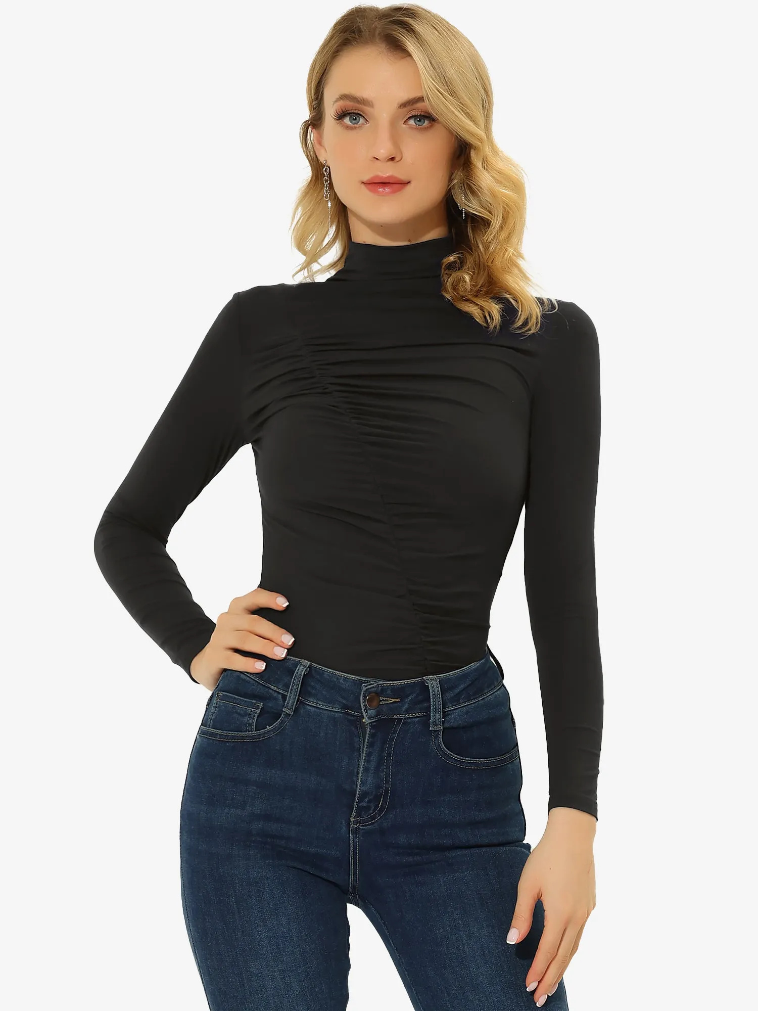 High Neck Knit Slim Fit Long Sleeve Ruched Top