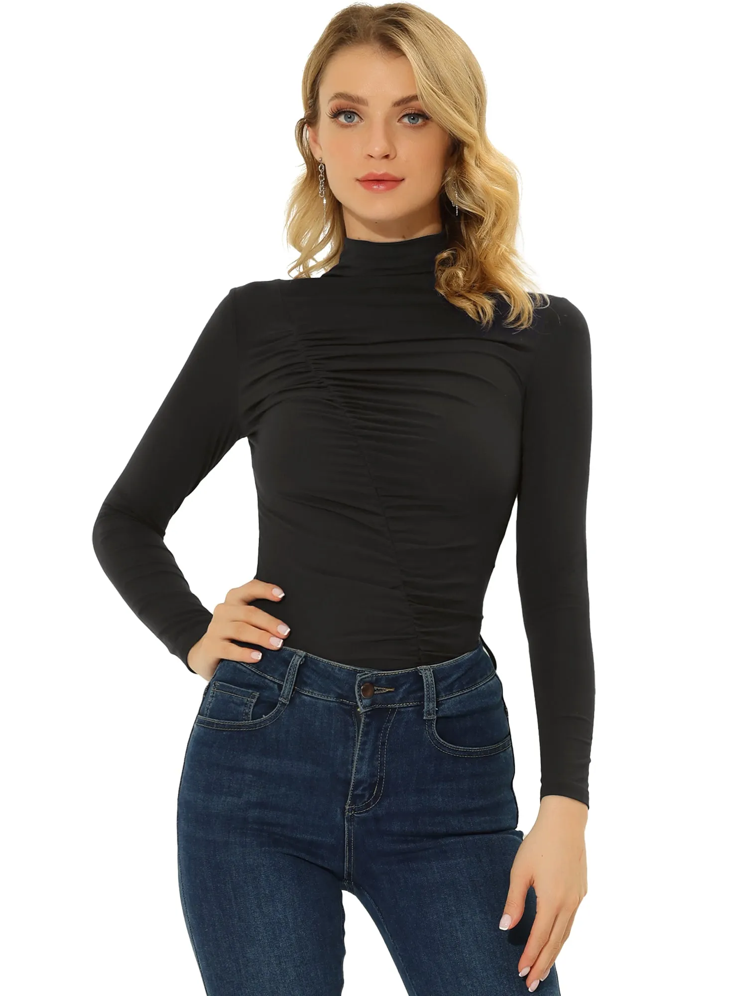 High Neck Knit Slim Fit Long Sleeve Ruched Top