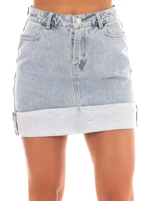 High Waisted Cuffed Denim Mini Skirt