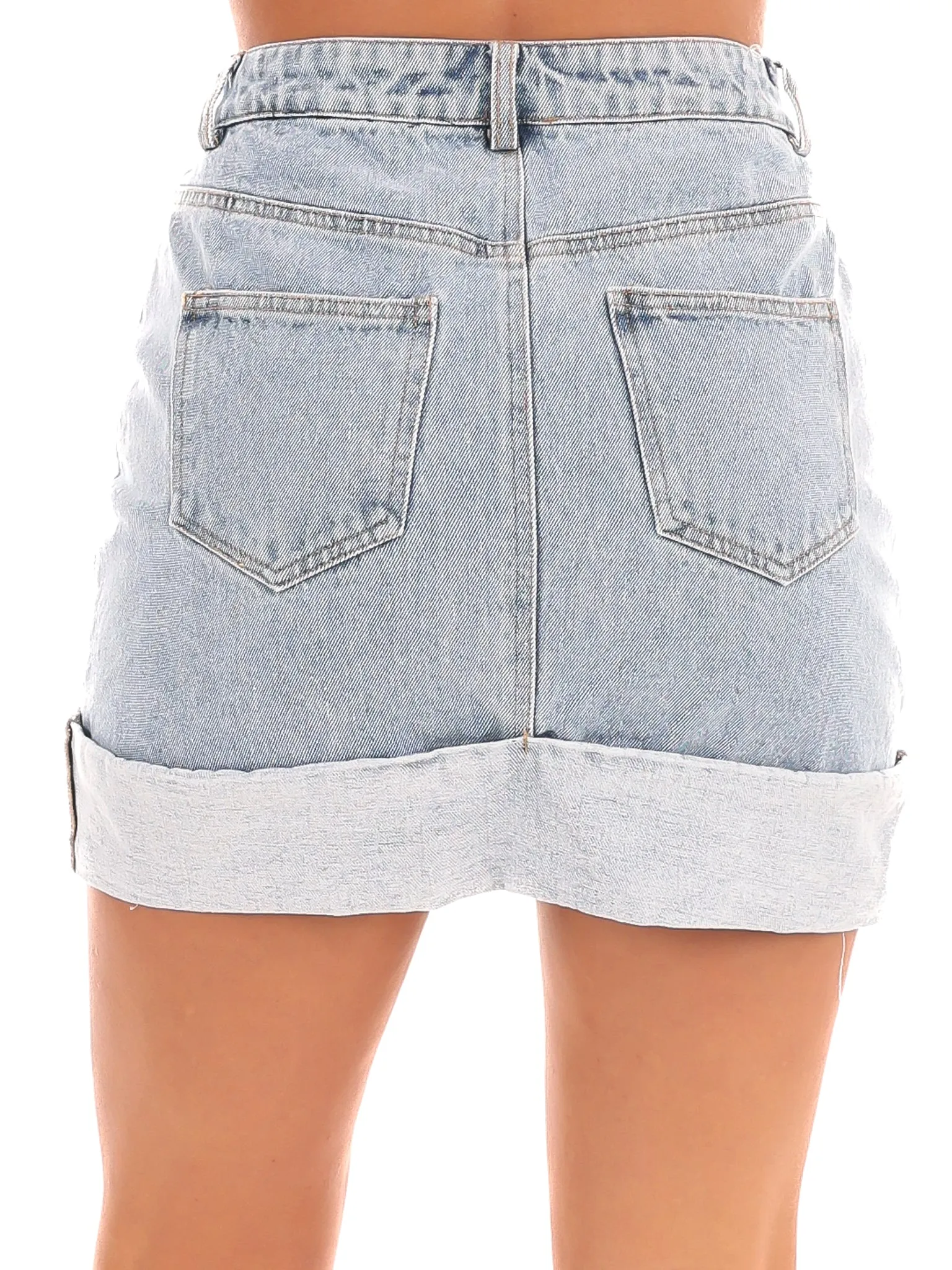 High Waisted Cuffed Denim Mini Skirt