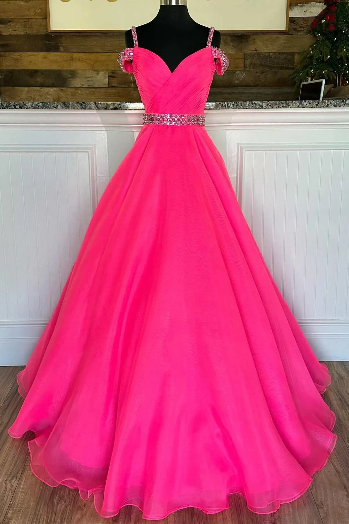 Hot Pink Beaded Cold-Shoulder A-Line Prom Dress