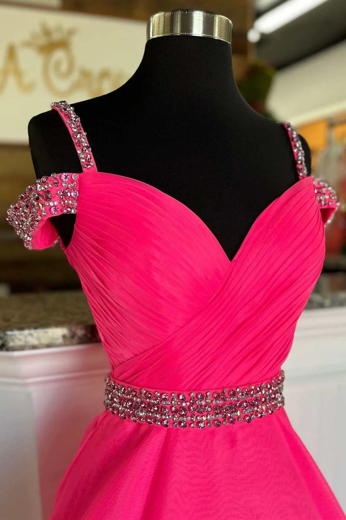 Hot Pink Beaded Cold-Shoulder A-Line Prom Dress