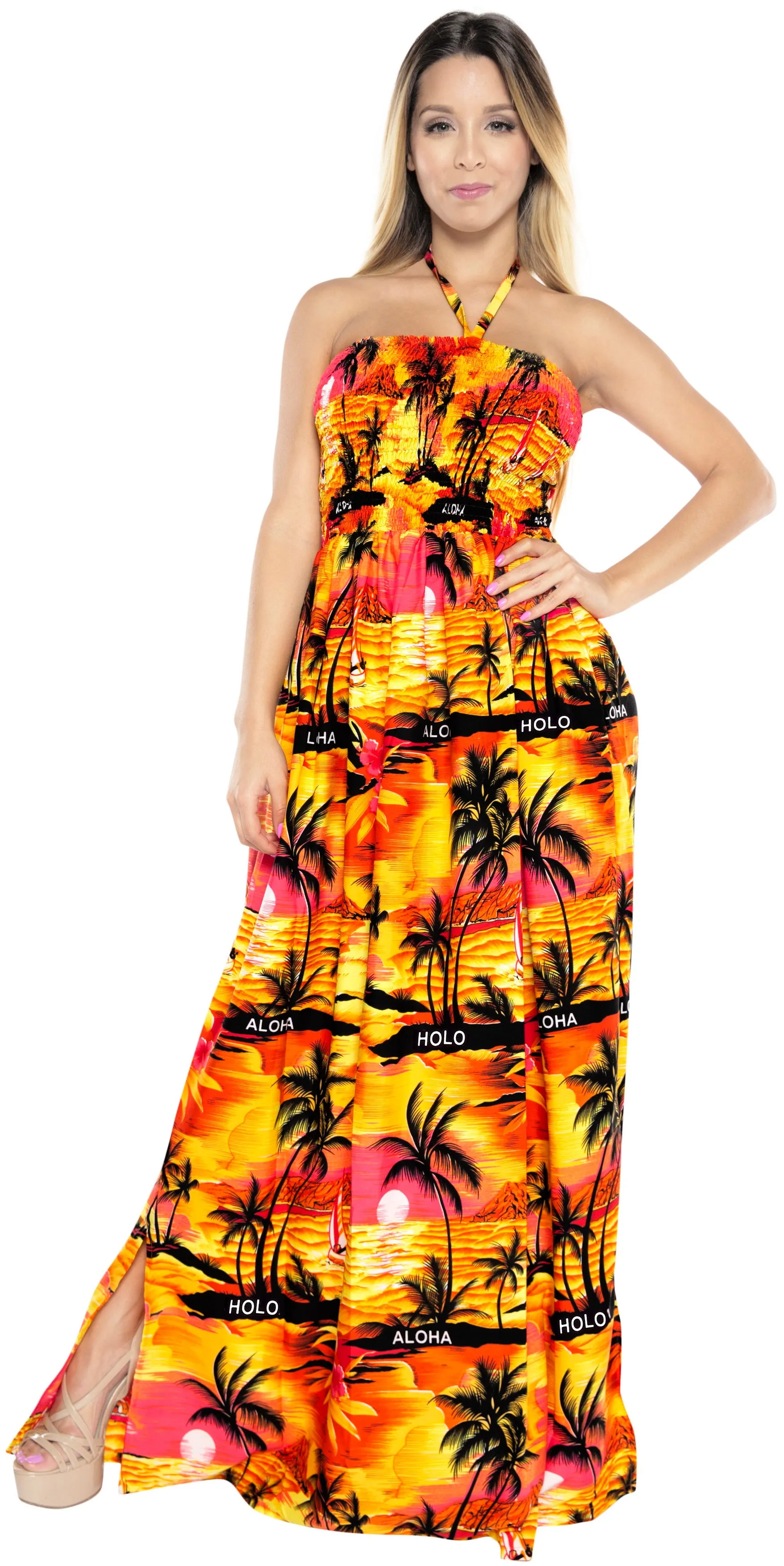 LA LEELA Long Maxi Tropical Palm Tree Print Tube Dress Women Beach Vacation Outfit For Ladies