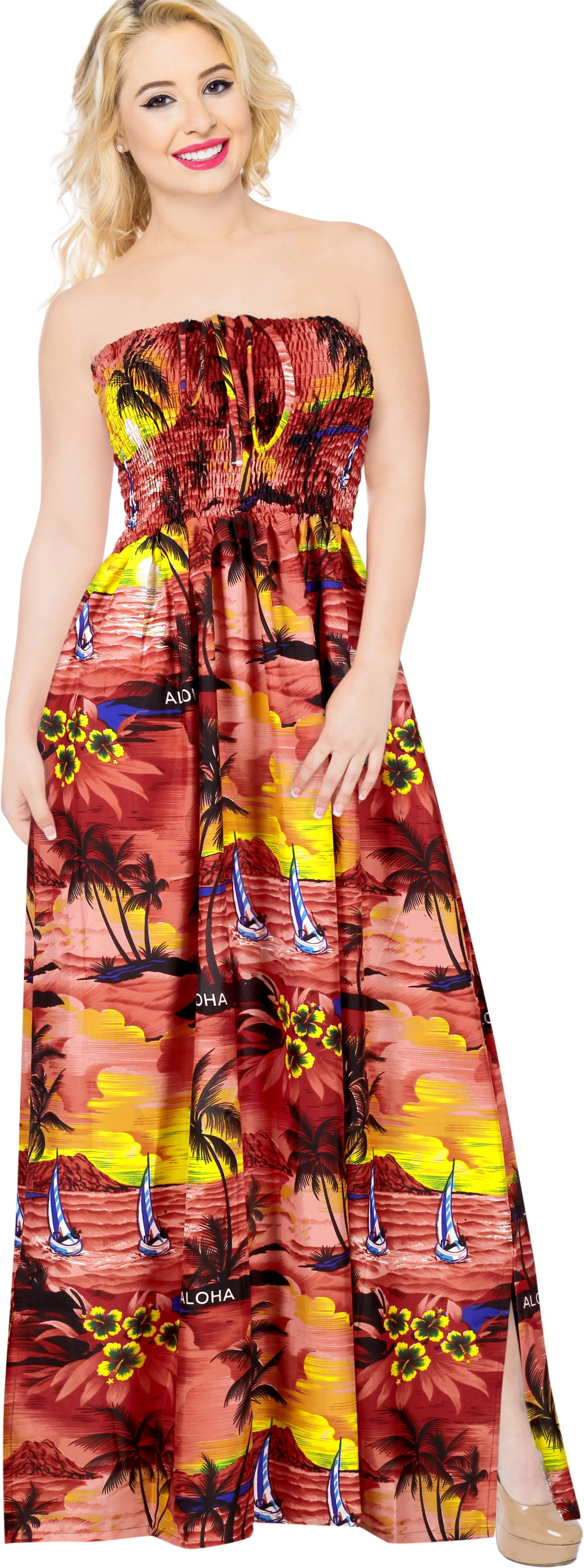 LA LEELA Long Maxi Tropical Palm Tree Print Tube Dress Women Beach Vacation Outfit For Ladies