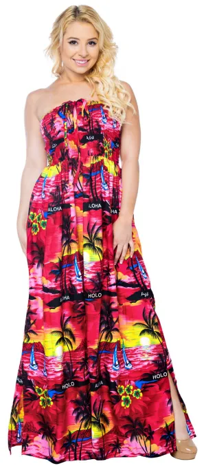 LA LEELA Long Maxi Tropical Palm Tree Print Tube Dress Women Beach Vacation Outfit For Ladies