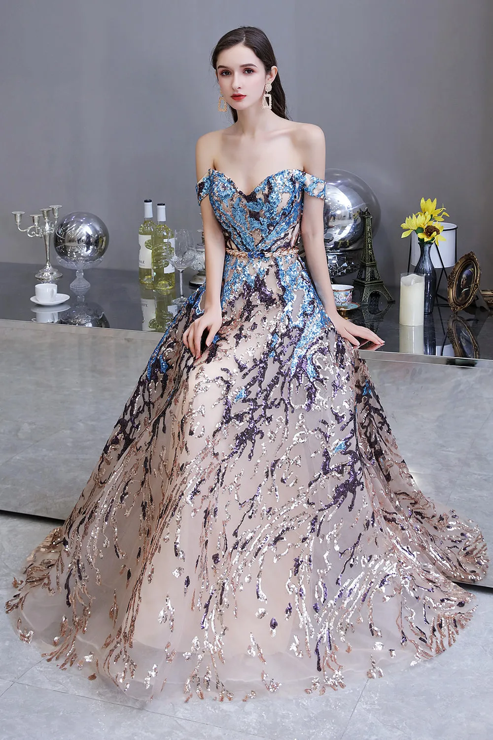 Long A-line Off-the-Shoulder Sequins Prom Dress