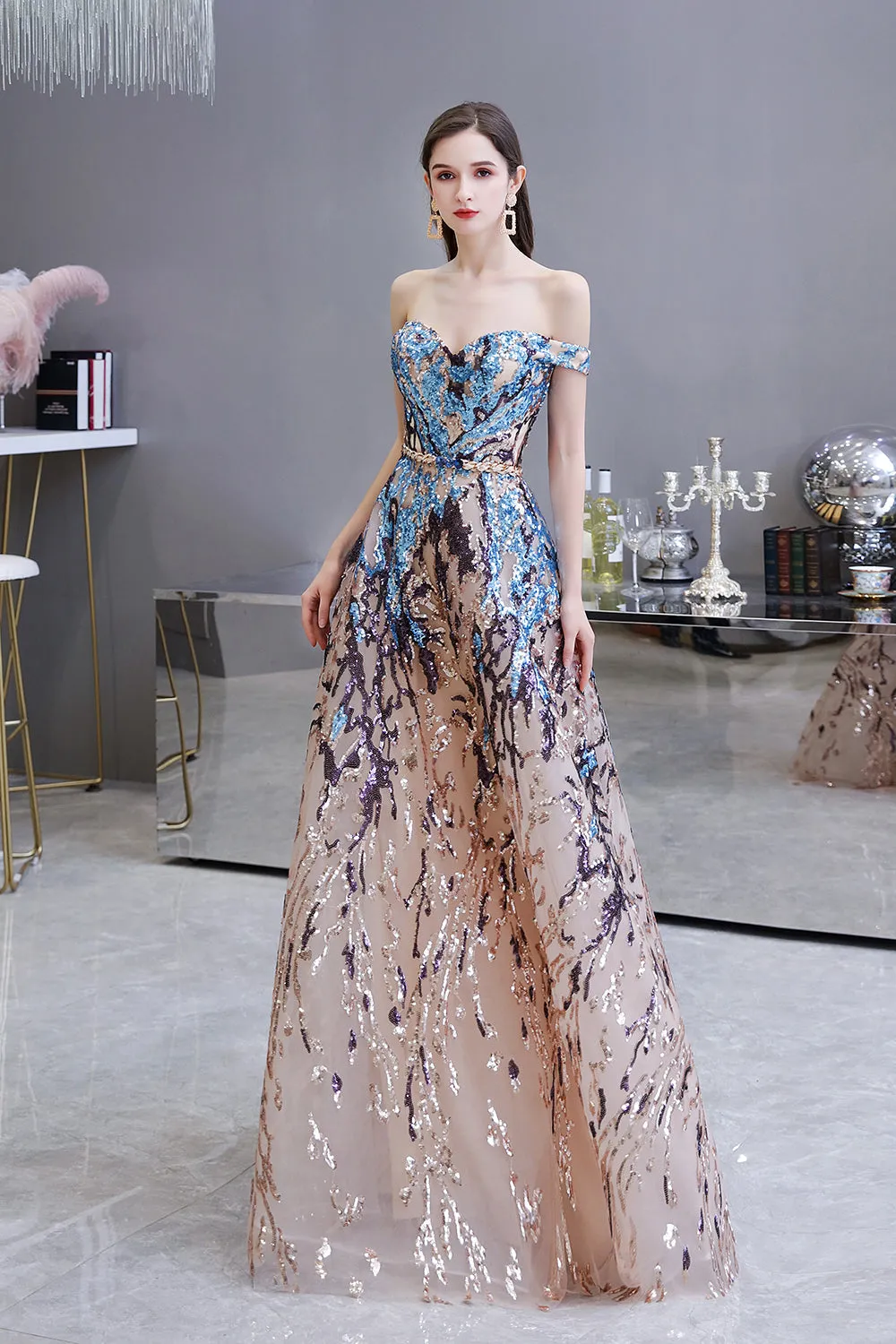 Long A-line Off-the-Shoulder Sequins Prom Dress