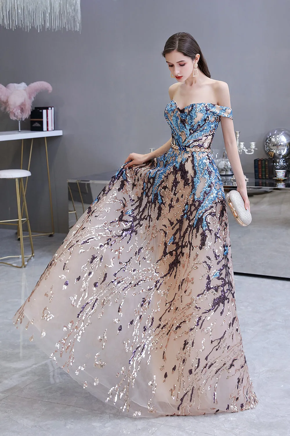 Long A-line Off-the-Shoulder Sequins Prom Dress