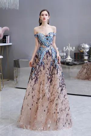 Long A-line Off-the-Shoulder Sequins Prom Dress