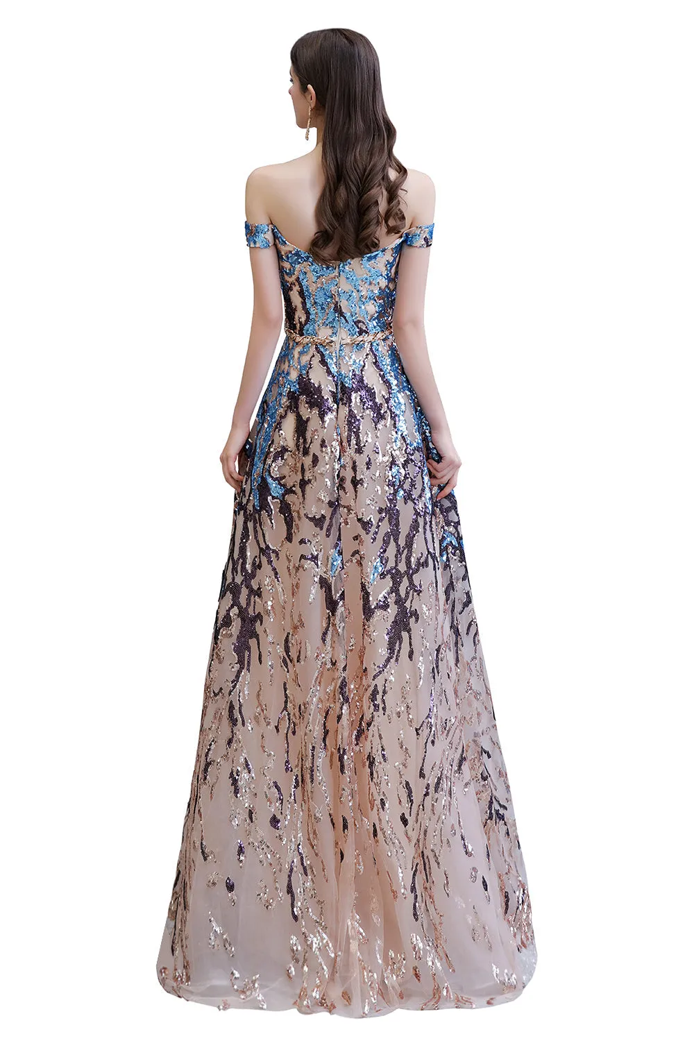 Long A-line Off-the-Shoulder Sequins Prom Dress