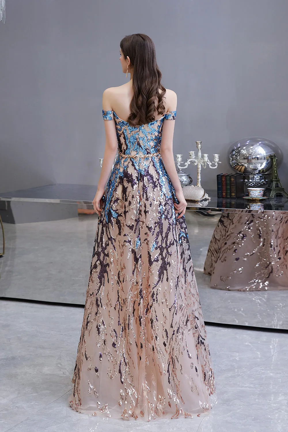 Long A-line Off-the-Shoulder Sequins Prom Dress