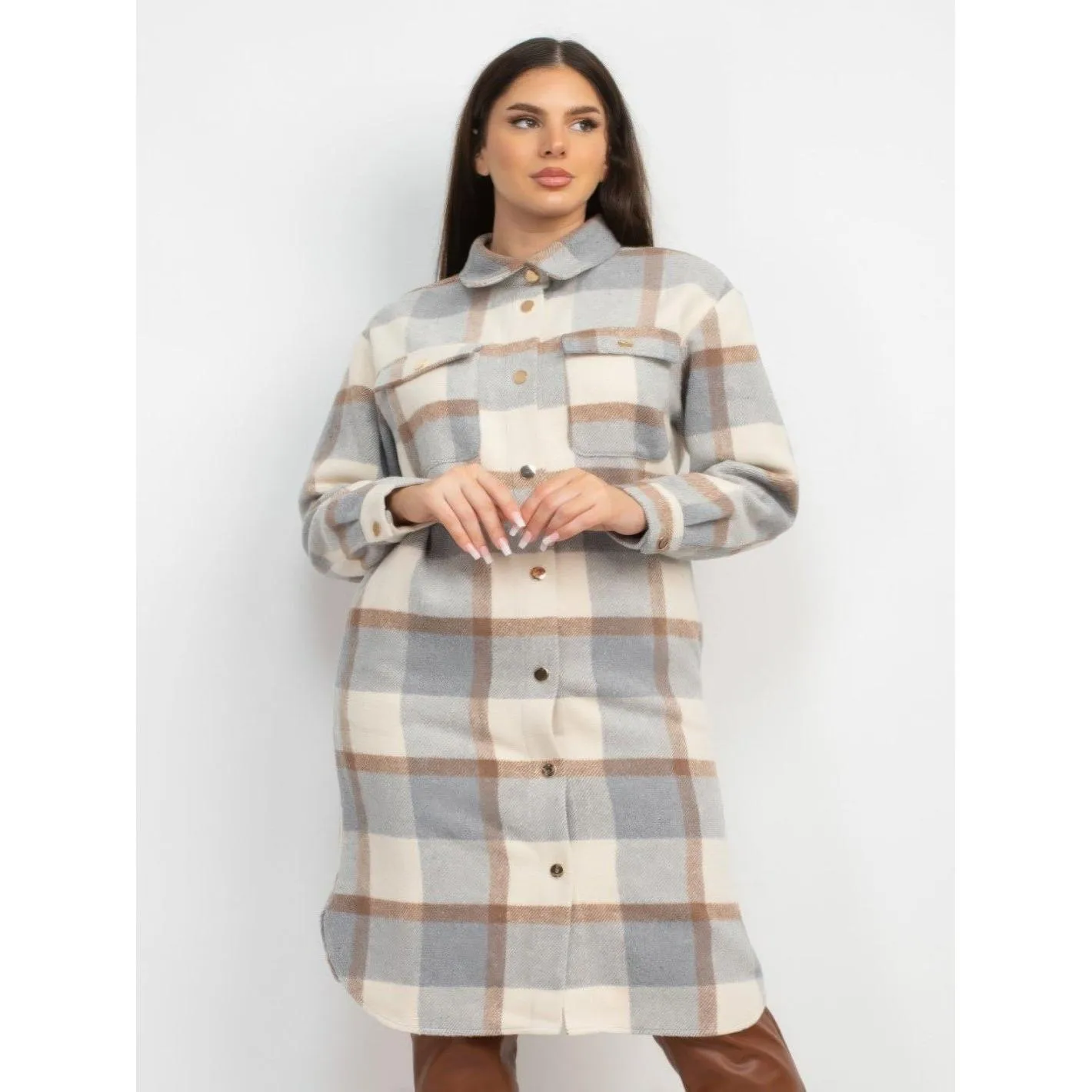 Long Sleeve Plaid Buttoned Shacket Coat