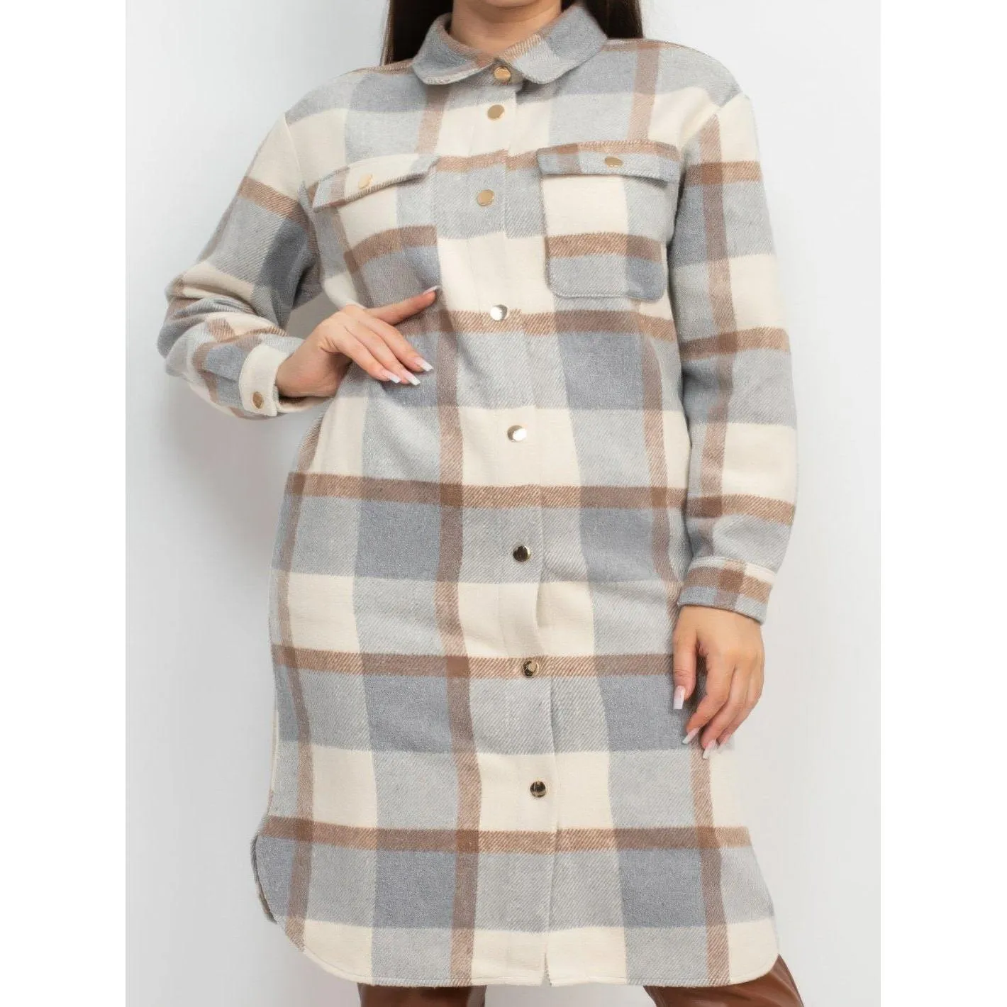 Long Sleeve Plaid Buttoned Shacket Coat