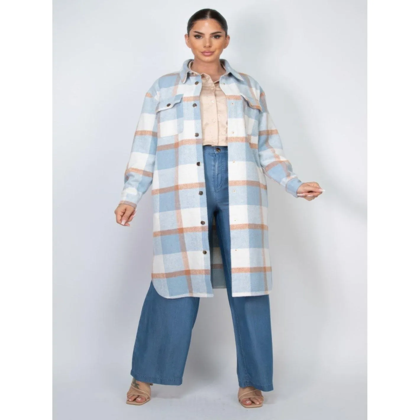 Long Sleeve Plaid Buttoned Shacket Coat