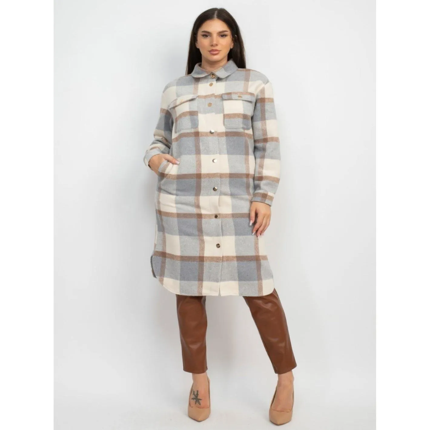 Long Sleeve Plaid Buttoned Shacket Coat