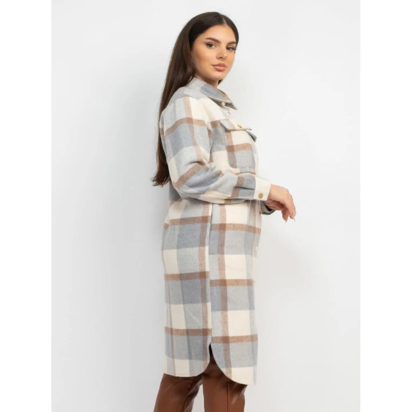 Long Sleeve Plaid Buttoned Shacket Coat