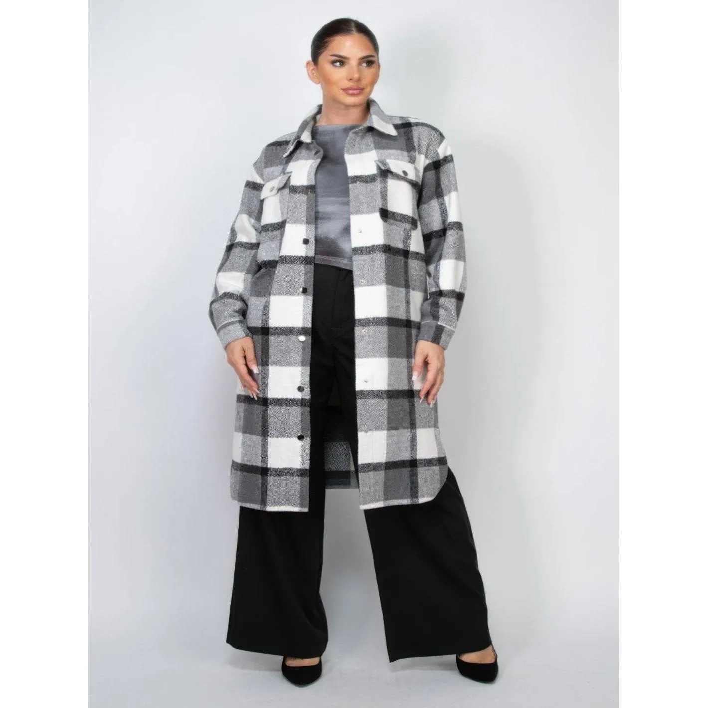 Long Sleeve Plaid Buttoned Shacket Coat