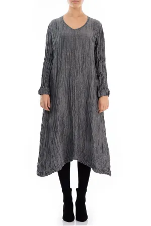 Long Sleeves Crinkled Silver Silk Linen Dress