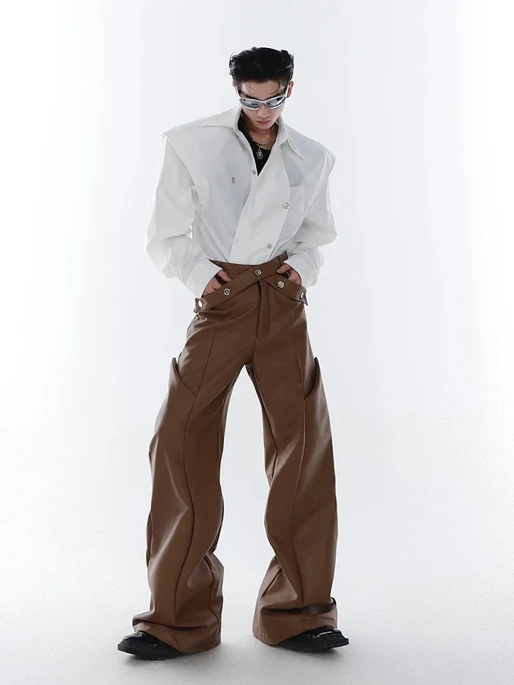 Loose Casual Brown Black Pu Leather Pants