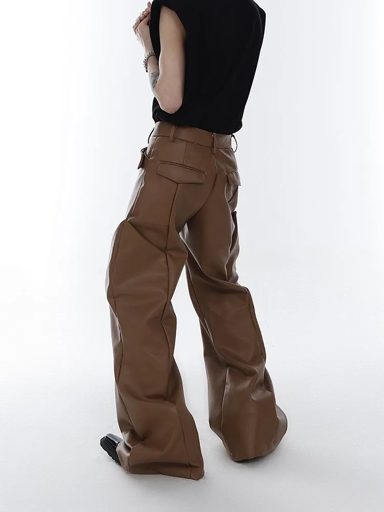 Loose Casual Brown Black Pu Leather Pants