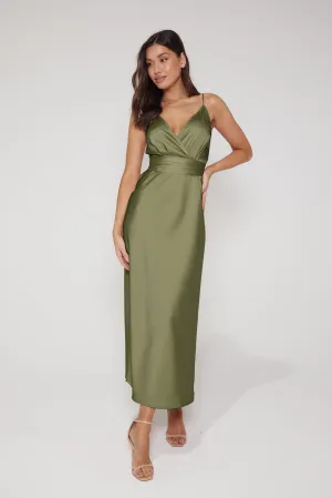 Louisa Tie Waist Cami Wrap Maxi Dress - Olive