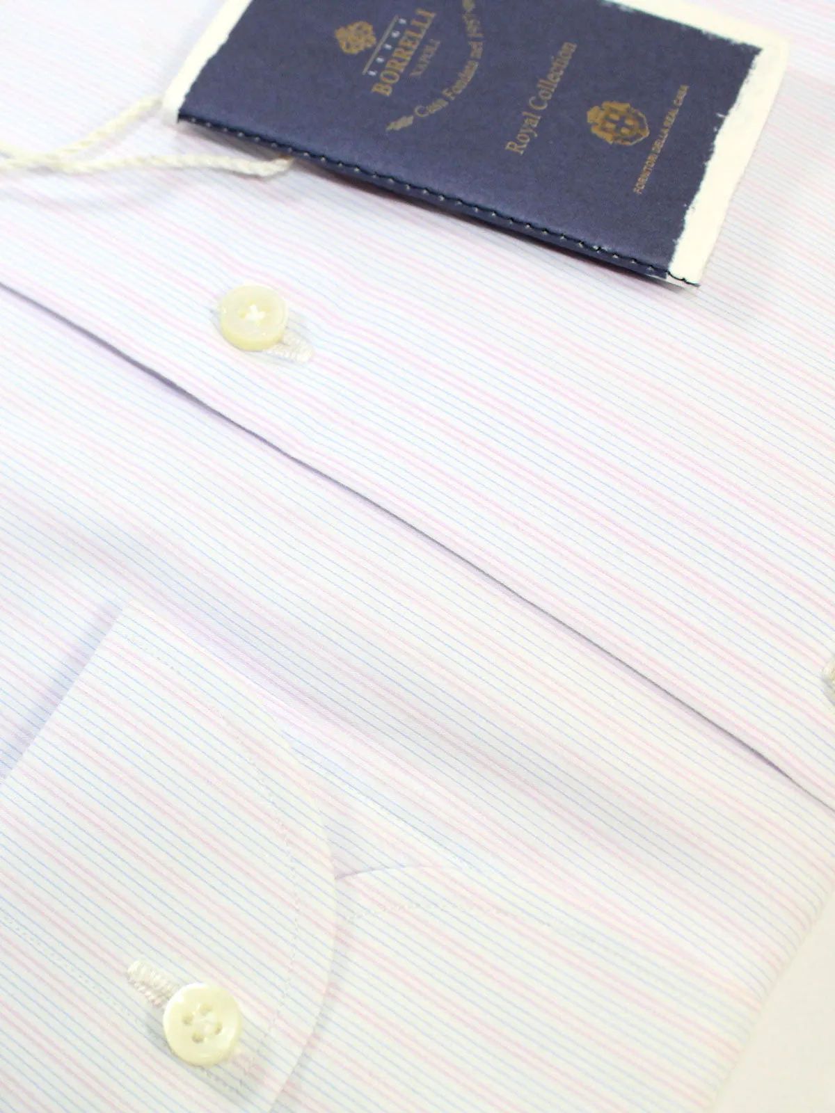 Luigi Borrelli Dress Shirt ROYAL COLLECTION Light Pink Blue Thin Stripes 38 - 15 SALE